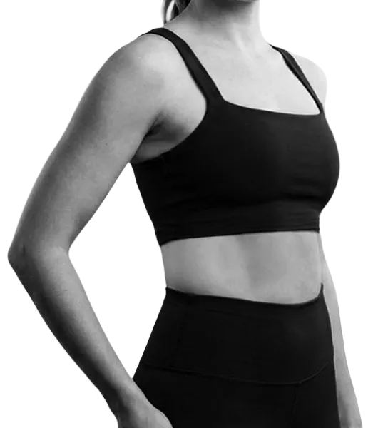 Model wearing has-bind bra alternative in black