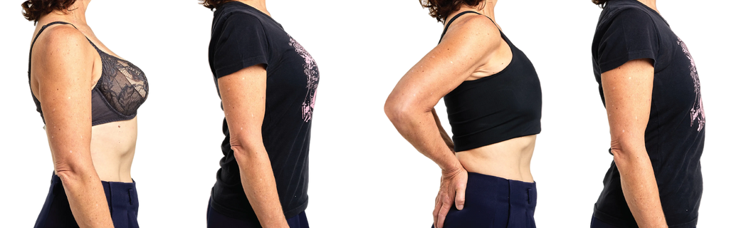 A four-panel before-and-after style side-by-side comparison showing a person wearing a regular bra compared with a HUG full-bind binder.