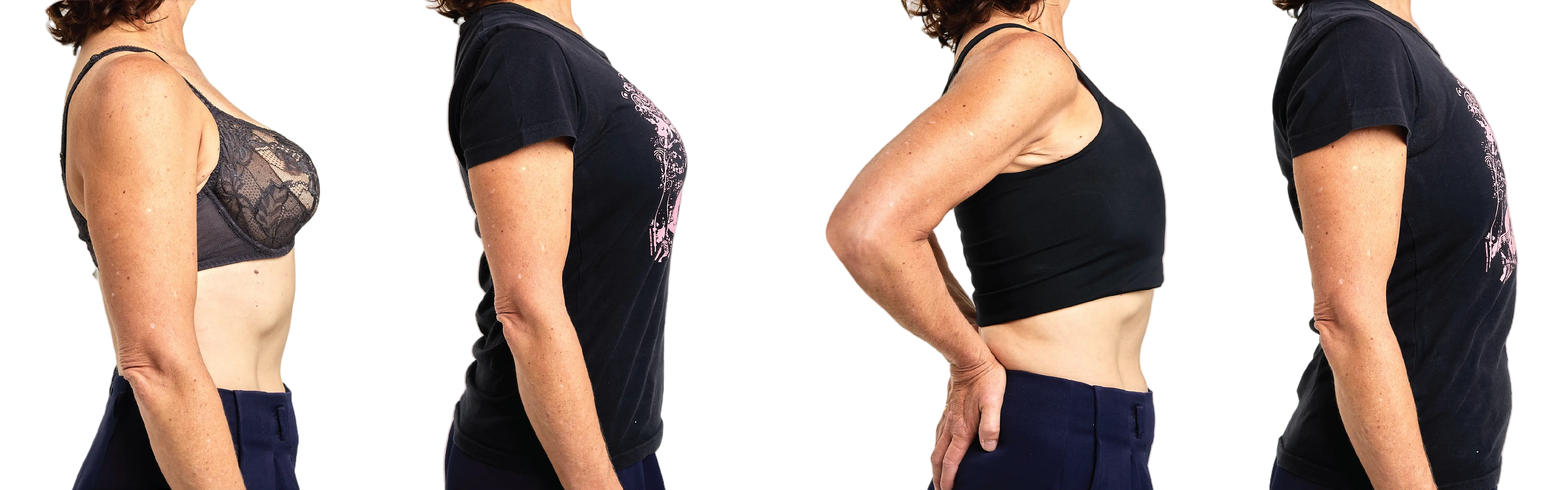 A four-panel before-and-after style side-by-side comparison showing a person wearing a regular bra compared with a HUG full-bind binder.